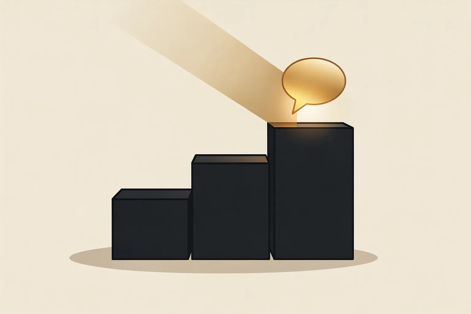Three ink-dark stepped price-tier plinths of ascending height on a cream background, with a single glowing champagne-gold chat-bubble icon floating above the tallest plinth, lit by one soft warm gold beam of light.
