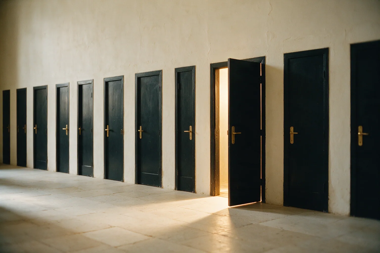 A row of ink-black doors along a cream plaster wall, all of them closed except one standing open with warm champagne-gold light spilling across the pale stone floor.