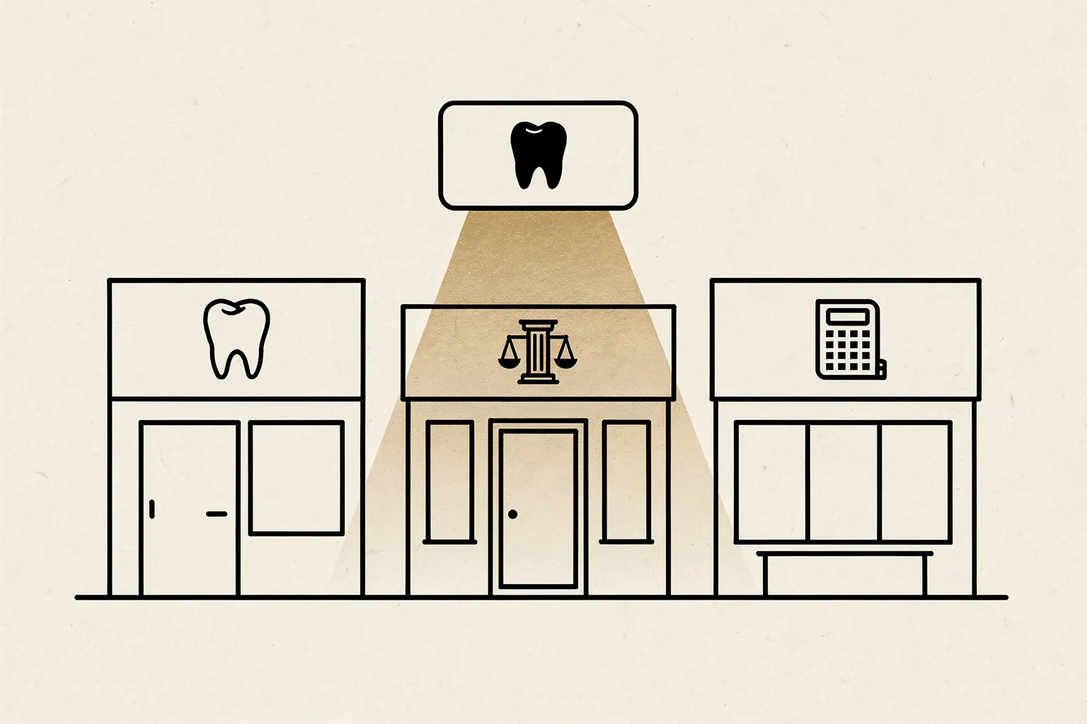 A row of three minimalist ink-coloured professional shopfronts — a dental clinic, a law office and an accounting firm — on a cream background, with the middle one lit by a single champagne-gold spotlight beam from a floating answer card, as if chosen and named by AI.