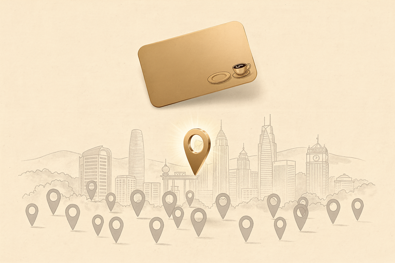 A glowing champagne-gold answer card with a coffee cup and plate icon floating above a cream-toned Malaysian city skyline in ink linework, with one champagne-gold location pin highlighted among many muted grey pins, representing one café chosen from many by an AI assistant