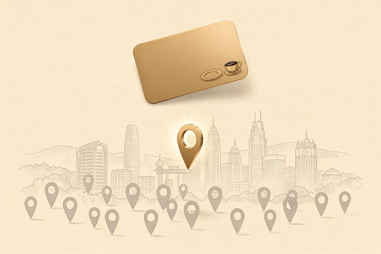 A glowing champagne-gold answer card with a coffee cup and plate icon floating above a cream-toned Malaysian city skyline in ink linework, with one champagne-gold location pin highlighted among many muted grey pins, representing one café chosen from many by an AI assistant