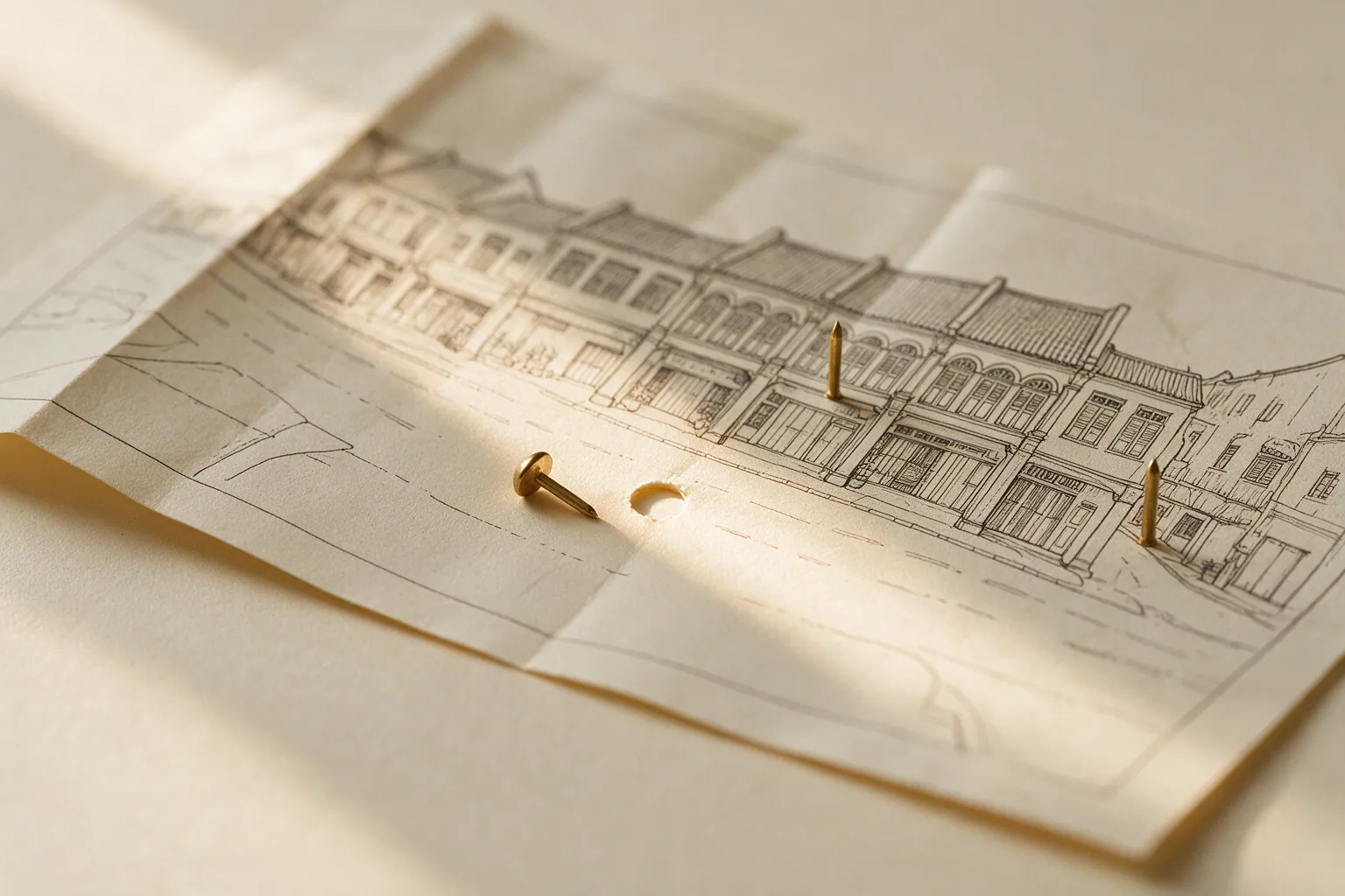 A row of ink-drawn Malaysian shophouses on cream paper, with one brass map pin fallen on its side beside the empty hole where it should stand.