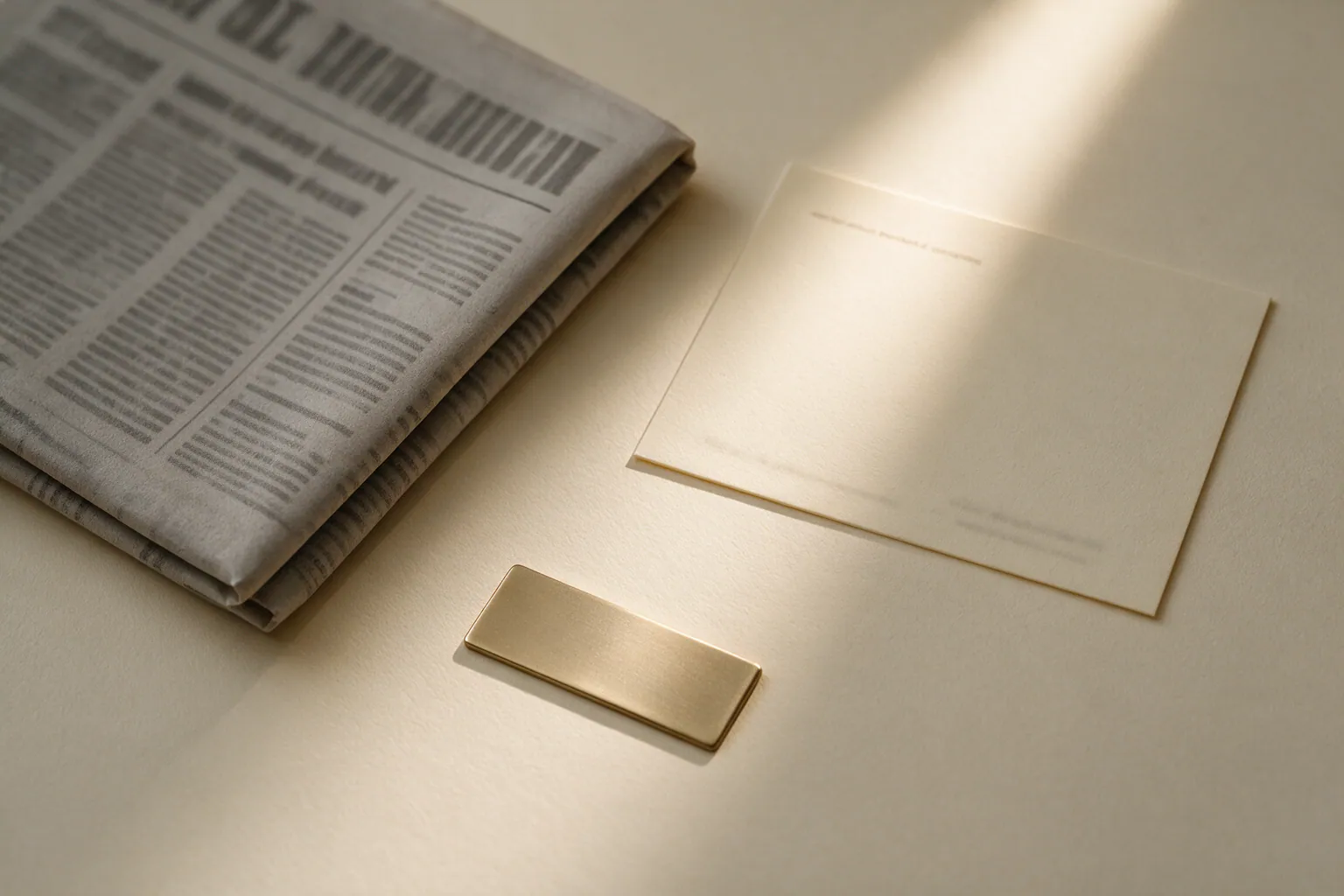 An overhead still life on warm cream paper: a folded newspaper page whose columns are too soft to read, a blank certificate card, and a small brass nameplate. A single champagne-gold beam of light falls across the certificate, picking one line out of everything else on the desk.