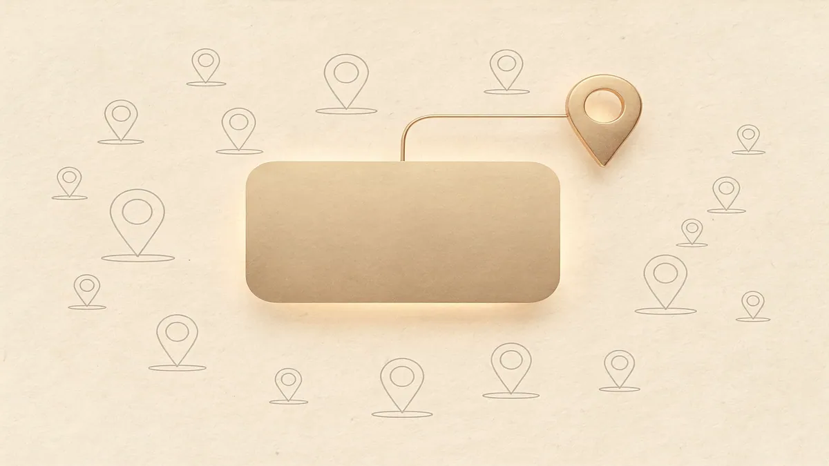 A glowing champagne-gold answer card on a cream background, with one highlighted gold location marker selected out of a scatter of muted ink-linework markers, showing one business chosen from many by an AI assistant