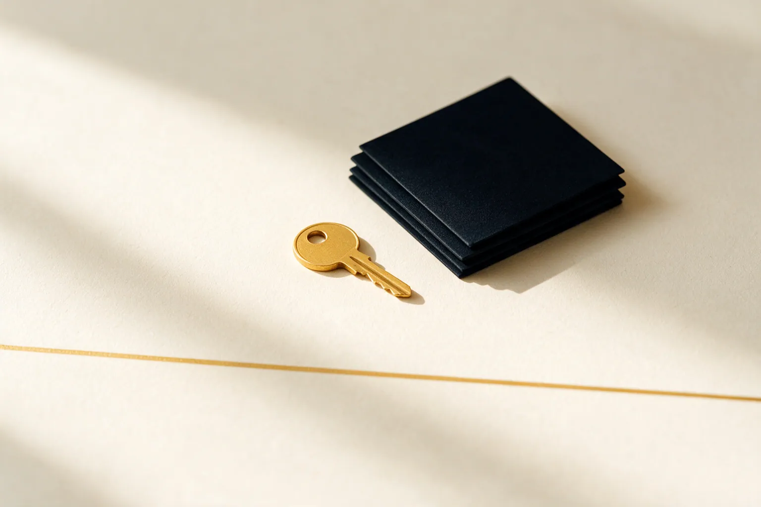 A single champagne-gold key lying on cream paper beside a squared stack of ink-black cards, with one fine gold rule running across the lower third of the frame. The image illustrates who is named on the domain, the listing and the accounts when hiring a digital marketing agency in Malaysia.