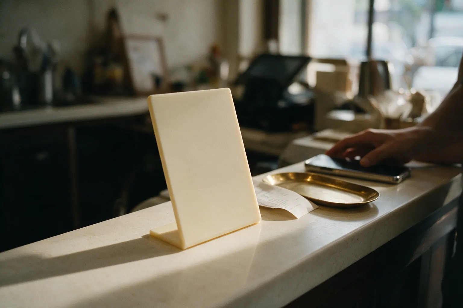 A quiet Malaysian shop counter in warm afternoon light: a blank cream acrylic standee angled toward the customer, a folded paper receipt, a small brass tray and a phone laid face-down beside a resting hand.