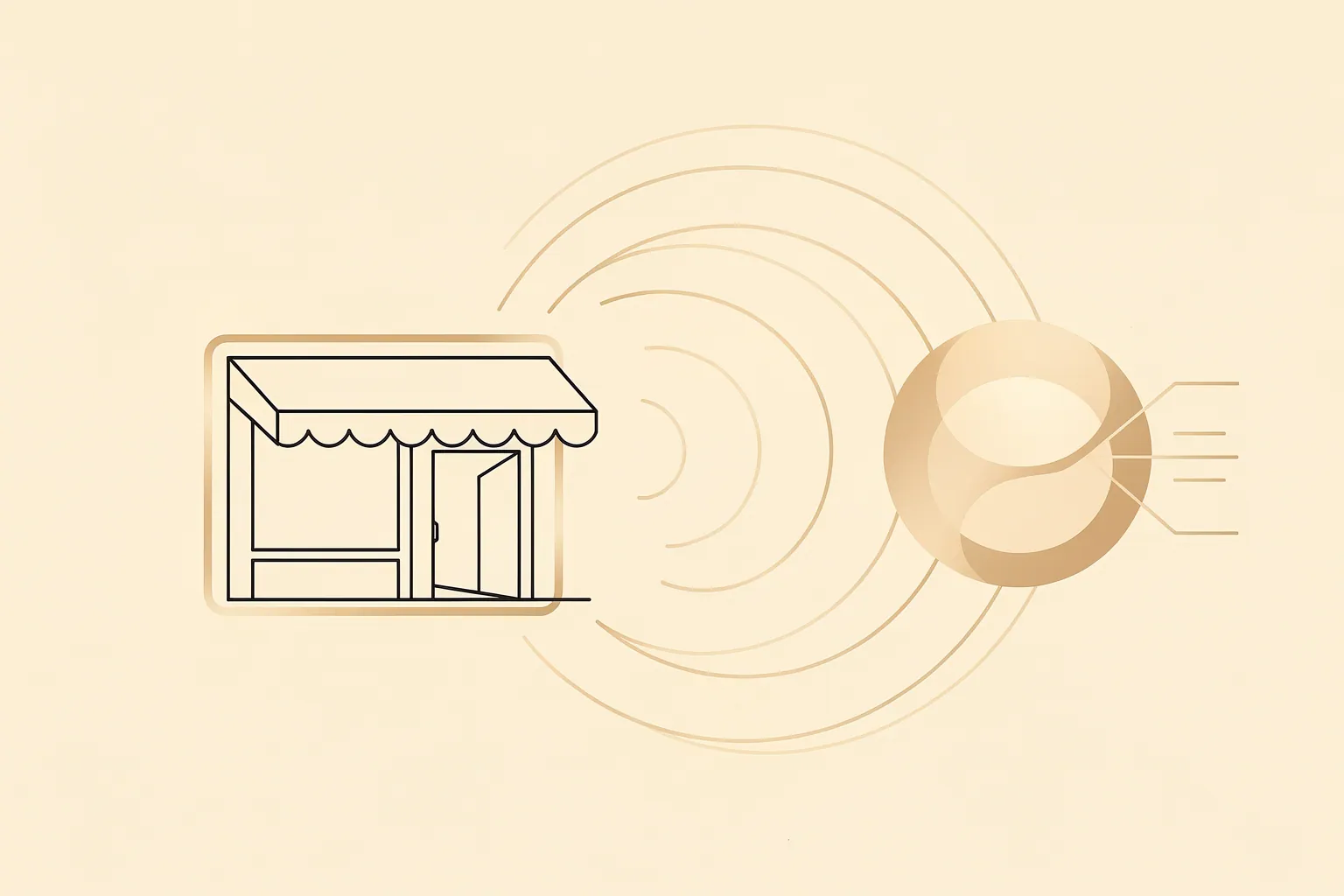 Google Business Profile for AI search in Malaysia: a shopfront rendered as a glowing champagne-gold data card, radiating signal lines toward an abstract AI-assistant orb, ink linework on cream