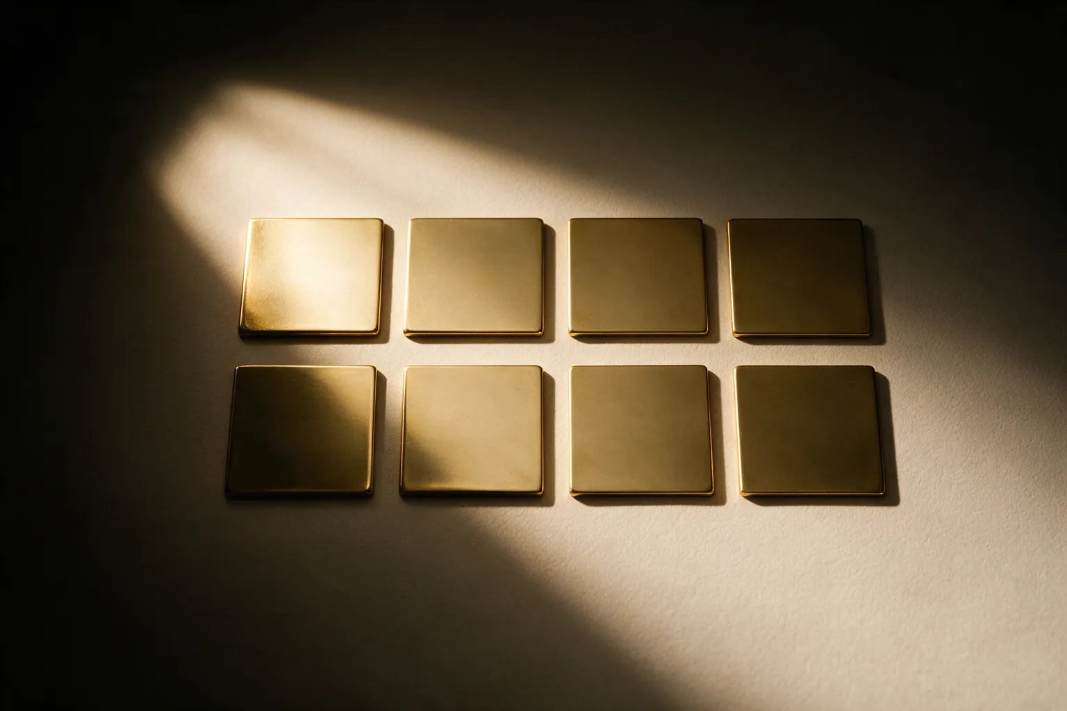 Google Business Profile setup in Malaysia: eight blank brass shop nameplates on cream paper, one lit by a champagne-gold beam.