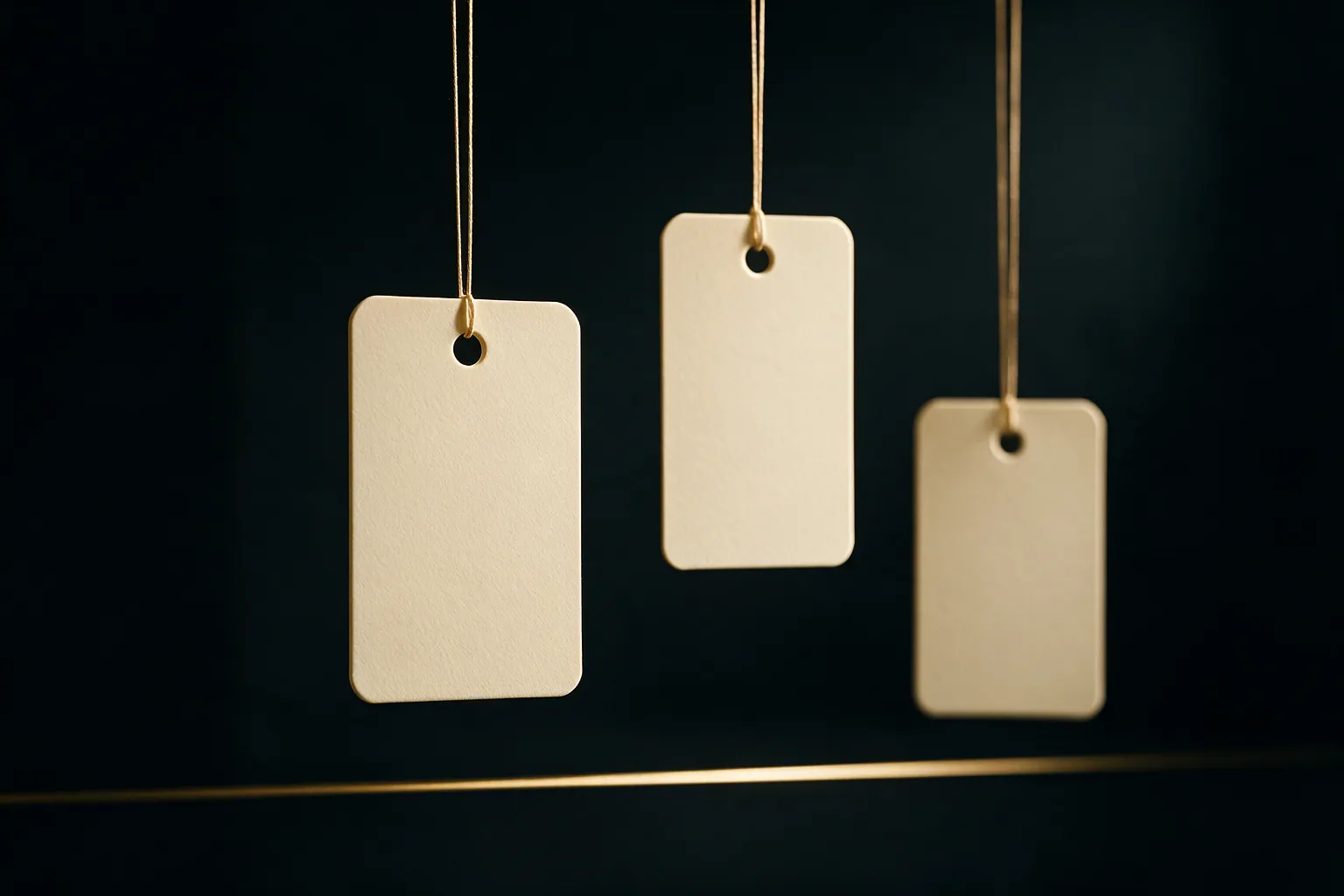 Three cream price tags tied with champagne-gold thread hanging at different heights against an ink-black background, each one blank.