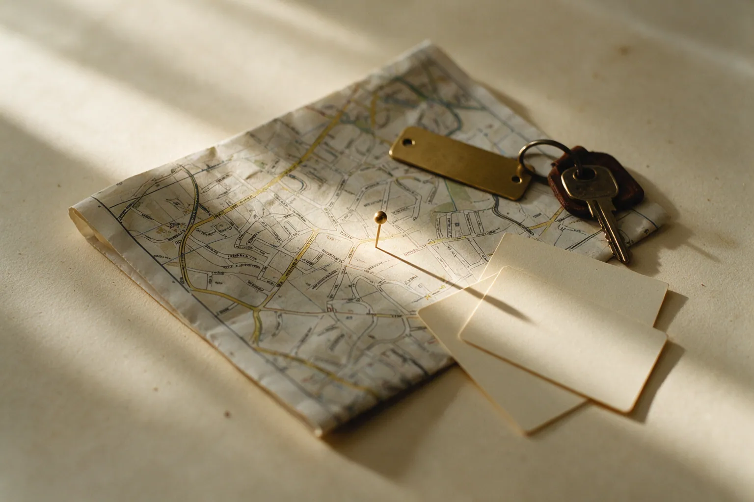 A folded neighbourhood street map on cream paper with one brass pin standing in it, beside a blank nameplate, a shopfront key and three blank index cards.