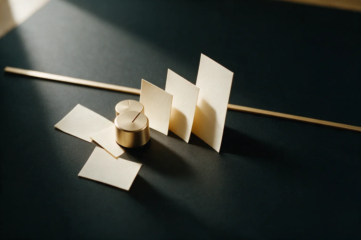 Two champagne-gold control dials on an ink-dark surface, with blank cream cards standing in a rising row beside them and a thin gold rule running behind.