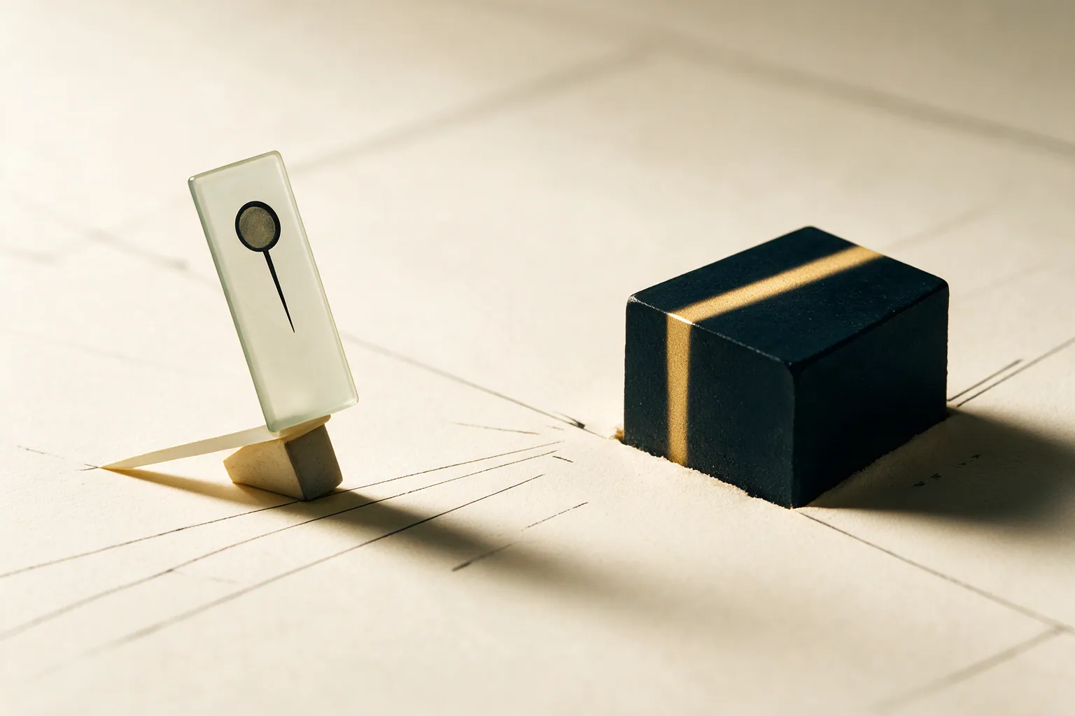 On a cream paper surface marked with faint ink plan lines, a pale glass map-pin card tilts on a small loose block that is not fixed to the ground, beside a solid deep-ink cornerstone block set flush into the surface and crossed by a single champagne-gold band of light.