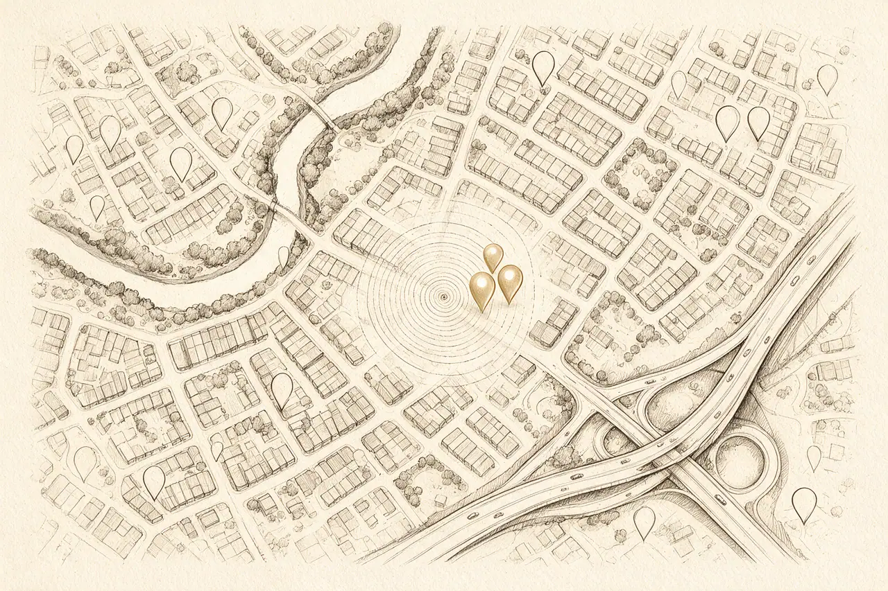 Ink-linework map of a Malaysian suburb on cream paper, three gold pins clustered near a ring marking where a customer is searching