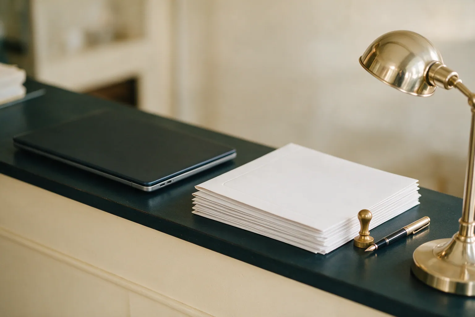 A dark ink-coloured counter in a cream room, with a closed laptop, a stack of blank papers, a brass stamp and a fountain pen beside a champagne-gold desk lamp.