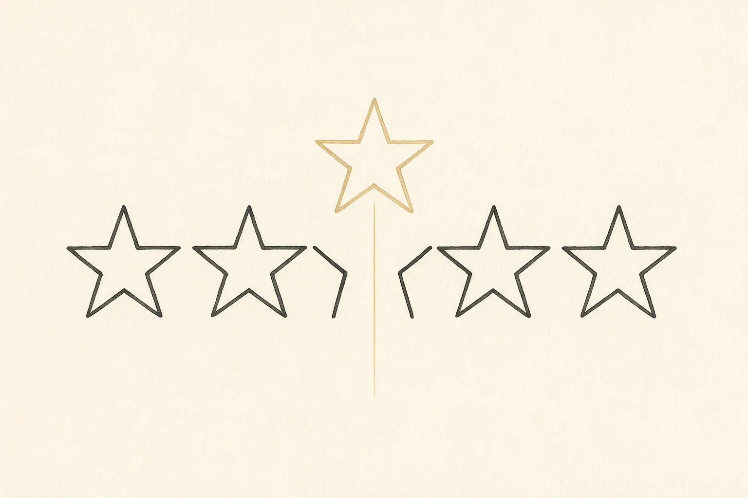 Five hand-drawn ink stars in a row on cream paper, the centre star outlined in champagne gold and lifted clear of the line, leaving a clean notch behind it.