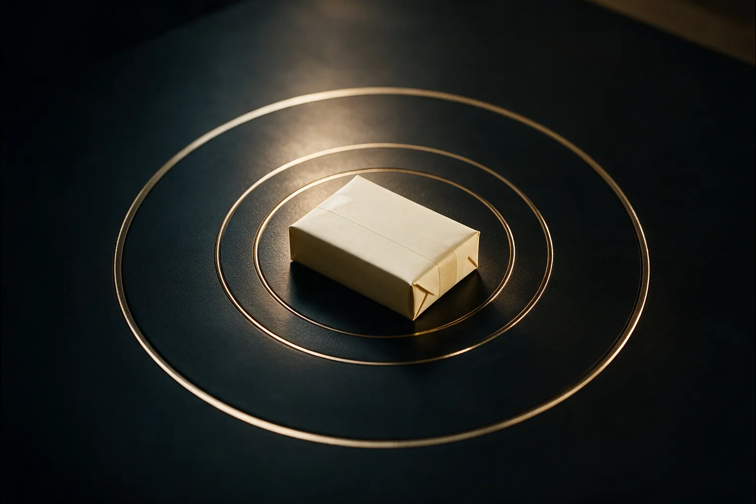 A single cream-wrapped parcel on an ink-dark surface with three thin champagne-gold rings drawn around it, each ring slightly smaller than the last.