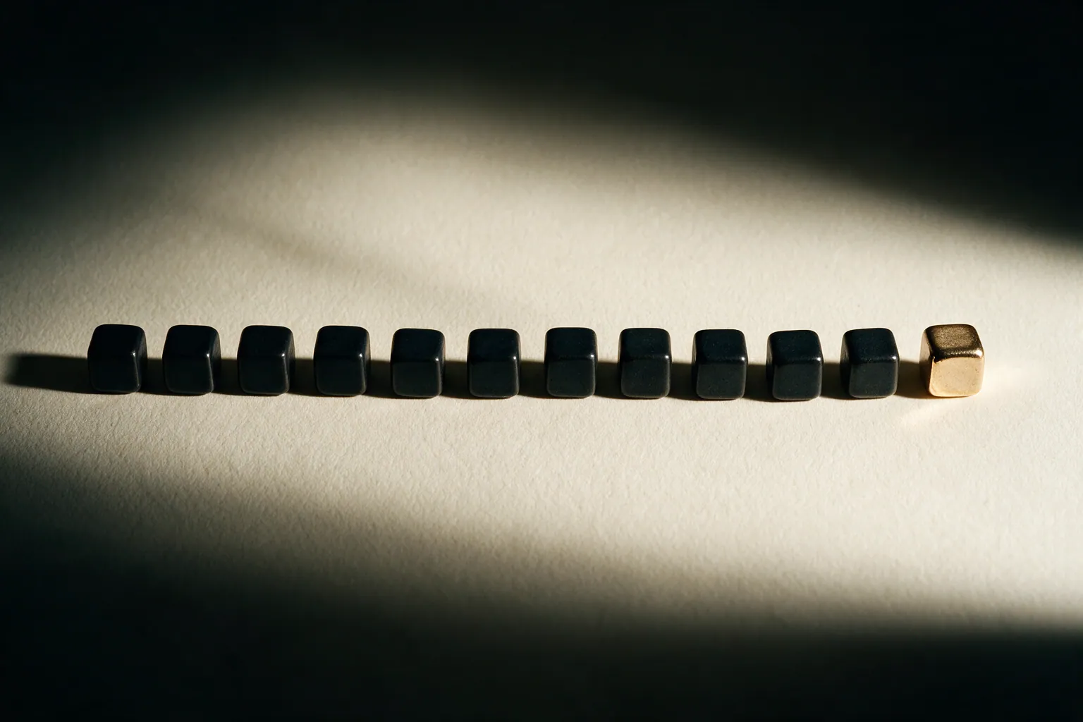 Twelve ink-black ceramic cubes in a row on cream paper, the last one champagne gold, representing the twelve monthly running costs of a Malaysian website.