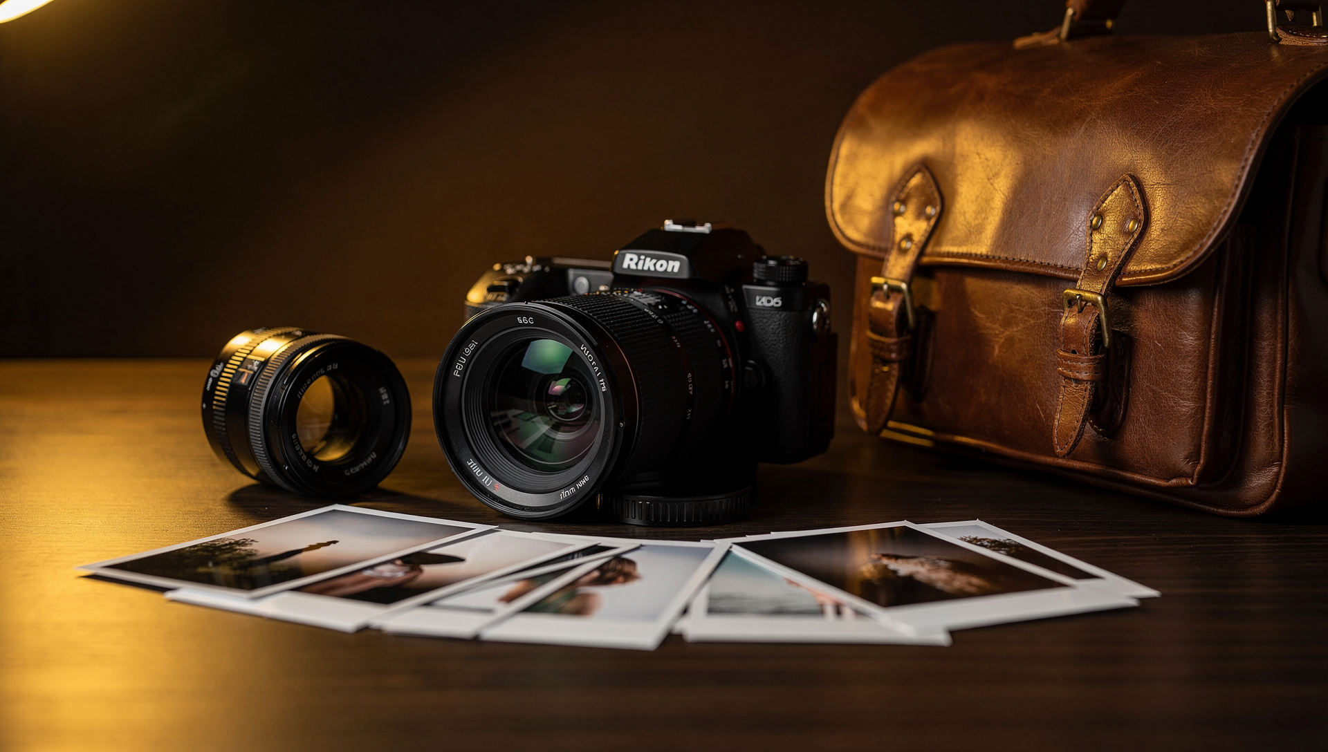 Aperture — camera body and prime lens arranged on a warm linen surface