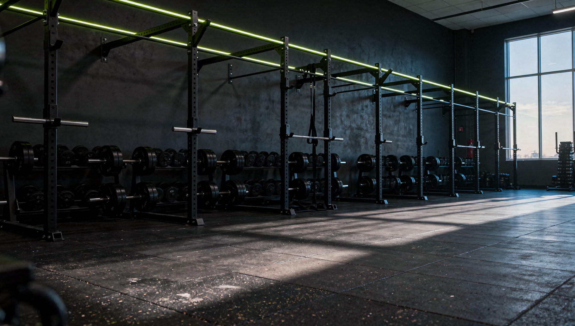 The Ironhaus strength floor — rows of power racks under a lime-lit rig