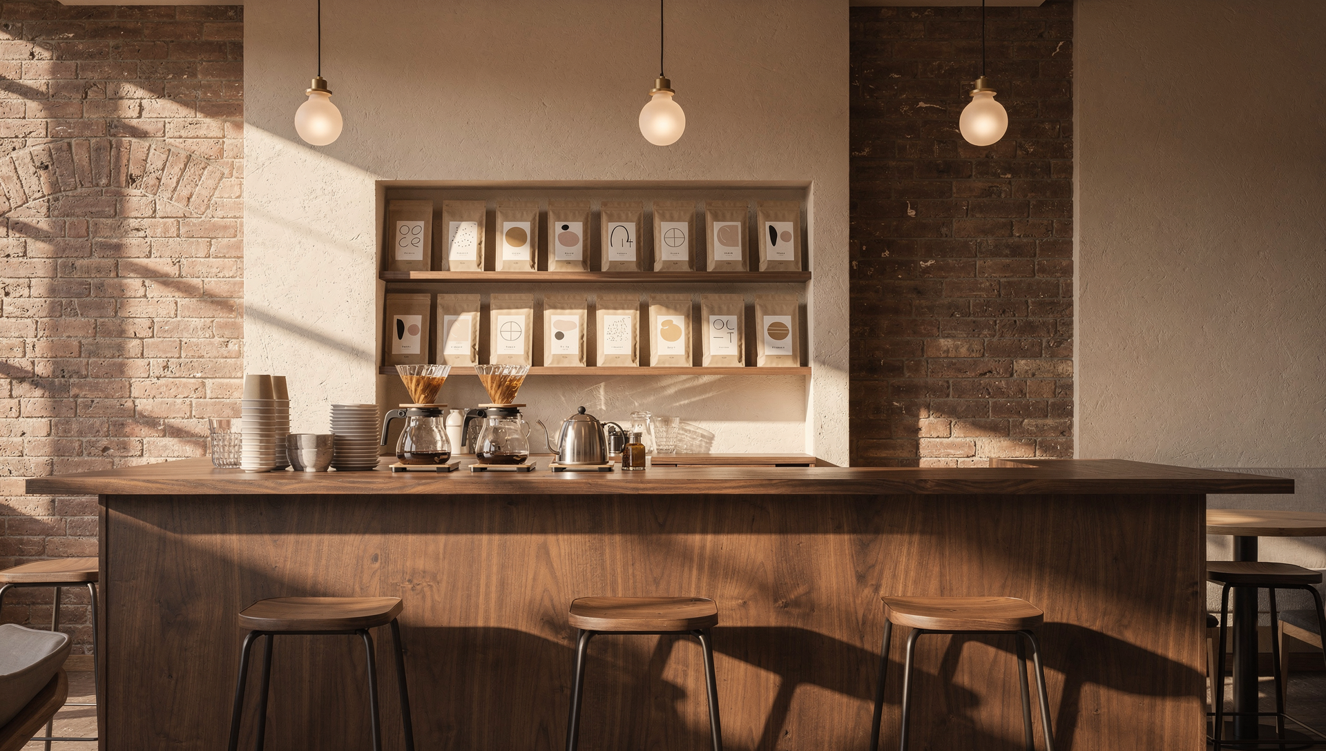 The warm interior of Pagi Coffee café — timber tables, brass fittings, afternoon light