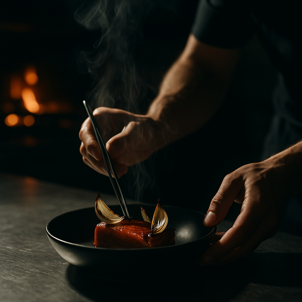 Chef Nik Razak plating at Forge & Flame