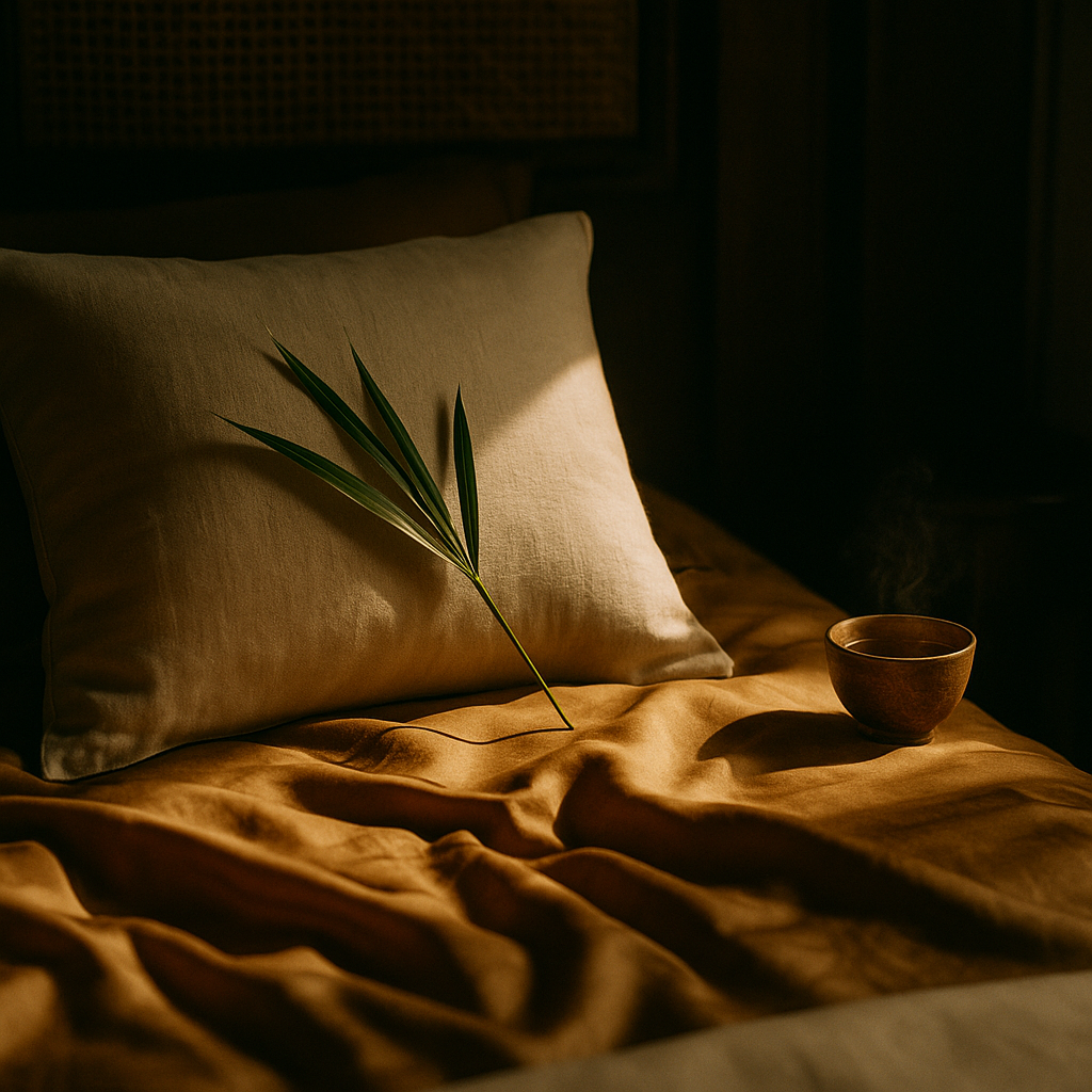 A close-up of cream linen, ochre silk, and a copper bowl with tea at first light